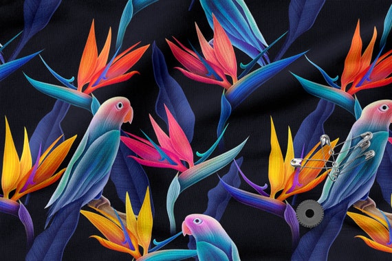 Neon Parrots Cotton Fabric, Eco-print, Cotton Knit Fabric, Sweatshirt Fabric Parrots Pattern- fabrics to choose from
