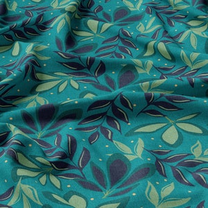 Lino floral 100%, ecoestampado, tela de lino estampada, lino con hojas turquesas, lino suavizado para coser, ancho 150 cm (60")