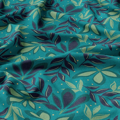 100 % lin, imprimé écologique, lin imprimé, feuilles de lin turquoise, lin ramolli pour la couture, largeur 150 cm