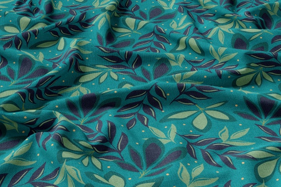 Floral Linen 100%, Eco-print, Printed Linen fabric, Turquoise Leaves Linen,  Softened linen for sewing, Width 150cm /60