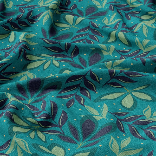 Lino floral 100%, ecoestampado, tela de lino estampada, lino con hojas turquesas, lino suavizado para coser, ancho 150 cm (60")