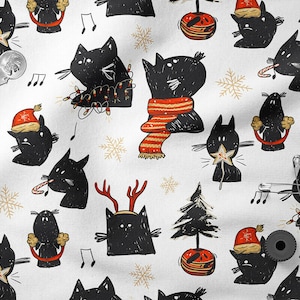 May include: A white fabric with a repeating pattern of black cats in various Christmas-themed poses. The cats are wearing Santa hats, reindeer antlers, and scarves. Some cats are holding baubles, candy canes, and Christmas lights. The background is white with gold snowflakes and musical notes.