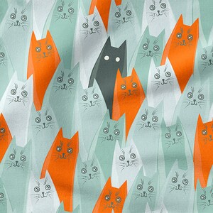 May include: A black cat stands out among a sea of orange and blue cats. The cats are all stylized and have large eyes. The background is a light blue color.