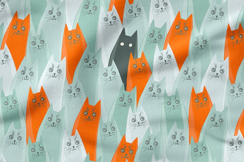May include: A black cat stands out among a sea of orange and blue cats. The cats are all stylized and have large eyes. The background is a light blue color.