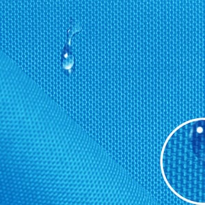 May include: Close-up of a blue fabric with a textured weave. Water droplets are sitting on the surface, demonstrating the fabric's water-resistant properties.