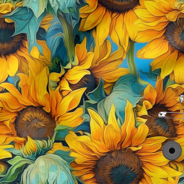 Sunflowers cotton 100%, Eco-print, Printed Cotton Sunflowers fabric, Width 150cm /60"