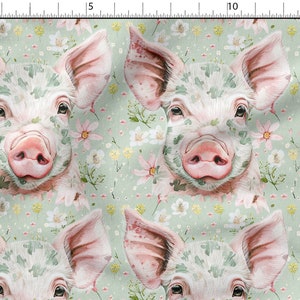 May include: A seamless pattern featuring a watercolor illustration of a pig with green foliage on its face. The pig is surrounded by pink and white flowers on a light green background.