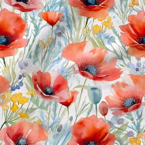 Papaveri cotone 100%, Eco-print, Tessuto di cotone stampato papaveri, Larghezza 150 cm /60"