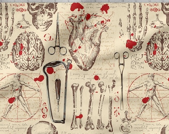 May include: A beige fabric with a repeating pattern of anatomical illustrations, including a skull, heart, brain, bones, and surgical tools. The illustrations are in brown and red, with red splatter paint accents.