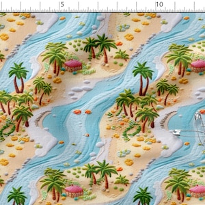 Mapa bordado algodón 100%, estampado ecológico, tela de algodón con mapa de playa impreso, tela con patrón bordado, ancho 150 cm/60"