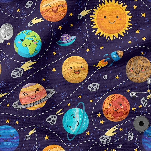 SOLAR SYSTEM, Happy Planets cotton 100%, Eco-print, Printed Cotton Fabric, Solar System fabric, Width 150cm /60"