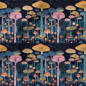 Puede incluir: Un patrón repetido de setas coloridas sobre un fondo azul oscuro con estrellas blancas. Las setas son de varios tamaños y formas, algunas tienen sombreros amarillos, naranjas, rosas y azules.