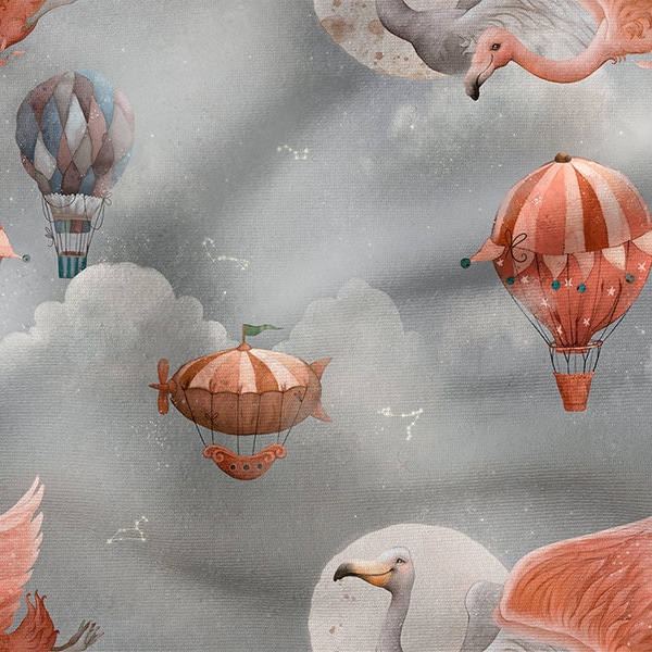 MAGIC DREAMS, Sky Clouds Baloons Birds, coton 100%, Eco-print, Tissu en coton imprimé, Largeur 155cm /61"