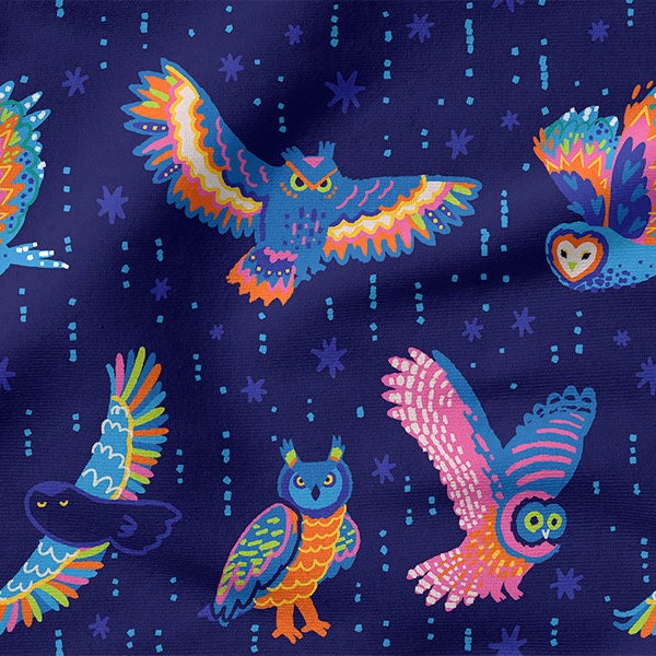 COLORFUL OWLS cotton 100%, Eco-print, Printed Cotton Fabric, OWLS fabric, Width 150cm /60"