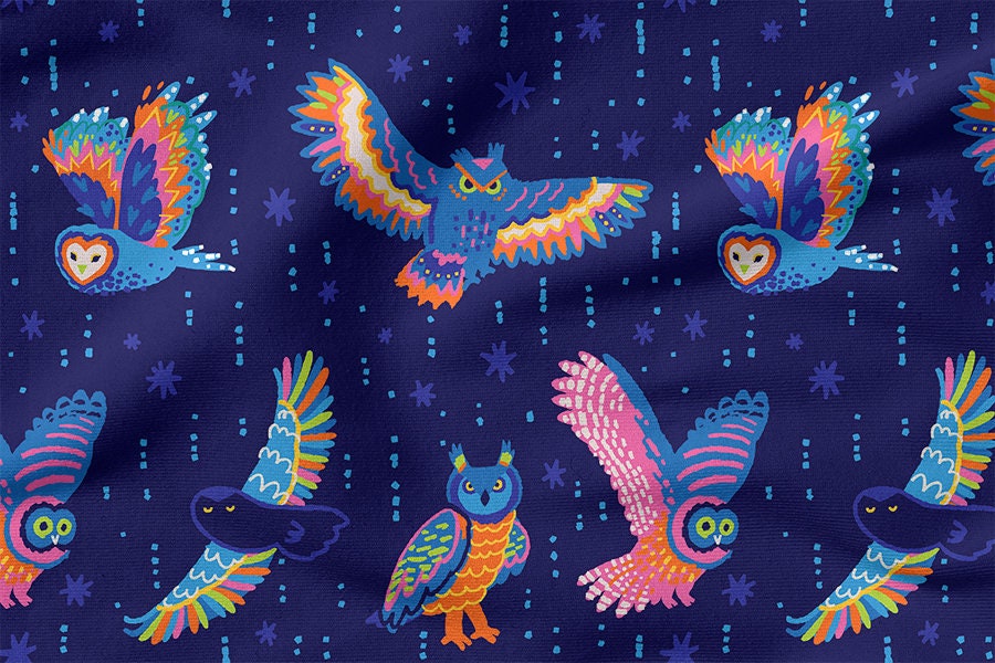 COLORFUL OWLS cotton 100%, Eco-print, Printed Cotton Fabric, OWLS fabric, Width 150cm /60"