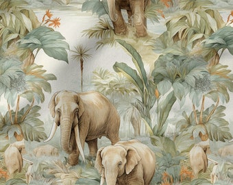 Elephants in the jungle  cotton 100%, Eco-print, Printed Cotton elephants fabric, Width 150cm /60"