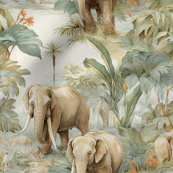 Éléphants dans la jungle coton 100%, Eco-print, Tissu imprimé éléphants en coton, Largeur 150cm /60"
