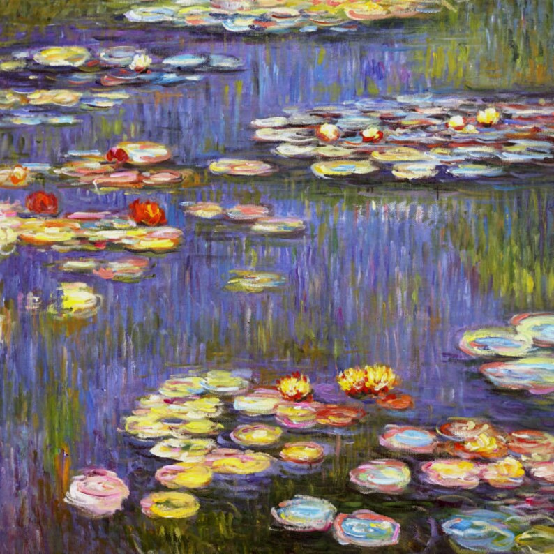 May include: A painting of water lilies in a pond. The water is a deep blue with hints of purple and green. The lily pads are a variety of colors, including yellow, green, pink, and white. The painting is done in a style that is characteristic of Impressionism.