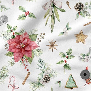 Pode incluir: Um padrão sem costura com ilustrações de aquarela de elementos natalinos, incluindo poinsettias, azevinho, ramos de pinho, biscoitos de gengibre, bengalas de doces, paus de canela e anis estrelado. O fundo é branco.