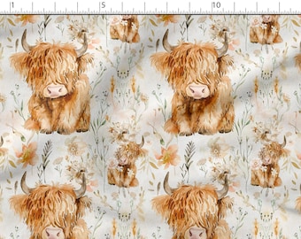 Watercolor floral highland cow cotton 100%, Eco-print, Printed Cotton Fabric, Width 150cm /60&quot;