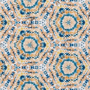 May include: A seamless pattern with a repeating design of blue, orange, and white circular patterns. The pattern is reminiscent of a mandala or a kaleidoscope.