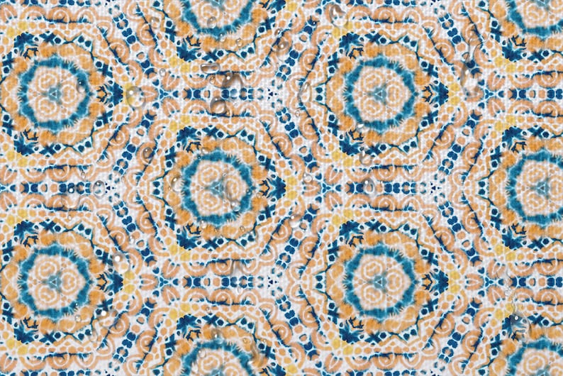 May include: A seamless pattern with a repeating design of blue, orange, and white circular patterns. The pattern is reminiscent of a mandala or a kaleidoscope.