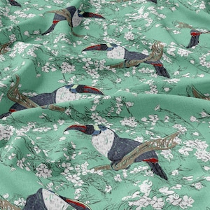 Green Linen 100% Birds, Eco-print, Printed Linen fabric, Birds linen Softened linen for sewing, 1pc = 65cm