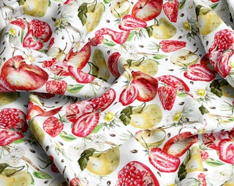 May include: A white fabric with a repeating pattern of red apples, strawberries, pears, and pomegranates. The fruit is painted in a watercolor style with a white background.
