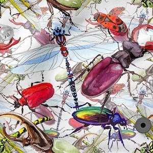 COLORFUL INSECTS BEETLES Dragonflies cotton 100%, Eco-print, Printed Cotton Fabric, Width 155cm /61&quot;