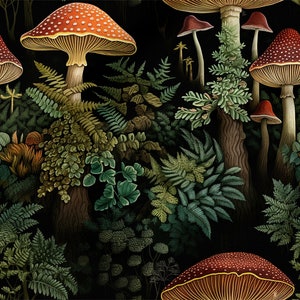 Tela de algodón 100% con estampado de setas del bosque, ecoimpresión, ancho 150 cm (60&quot;)