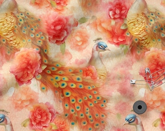 Pavoni cotone 100%, Eco-print, Tessuto di cotone stampato, tessuto con pavoni e uccelli, Larghezza 150 cm / 60"