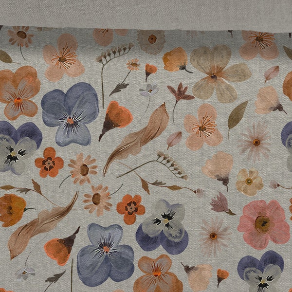 Linen fabric Meadow Flowers Summer Flowers Linen Beige in melange Softened linen for sewing, Width 150cm /60"