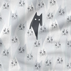 May include: A black cat stands out amongst a field of white cats with black eyes and whiskers. The cats are drawn in a simple, stylized manner on a light gray background.