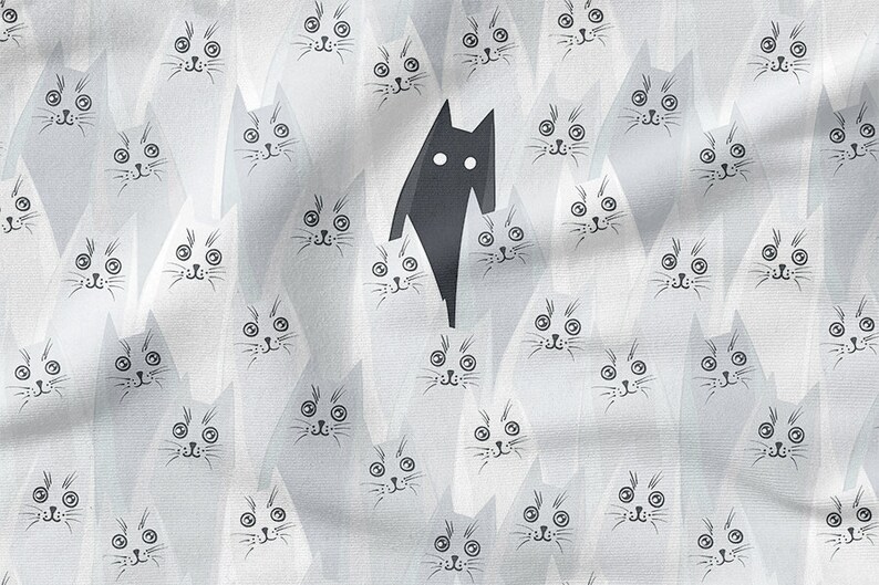 May include: A black cat stands out amongst a field of white cats with black eyes and whiskers. The cats are drawn in a simple, stylized manner on a light gray background.