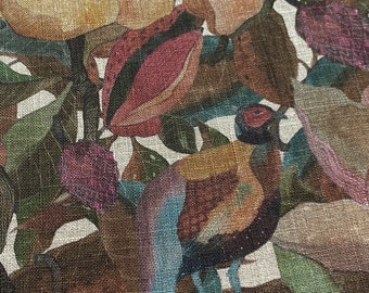 Linen fabric, Floral Pattern, Birds, Beige in melange, Softened linen for sewing, Width 150cm /60"
