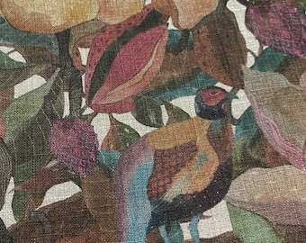 Linen fabric, Floral Pattern, Birds, Beige in melange, Softened linen for sewing, Width 150cm /60"