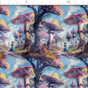 Alice in the Land of Mushrooms cotton Fabric 100%, Eco-print, Mushrooms Printed Cotton Fabric, Land of Mushrooms fabric, Width 150cm /60&quot;