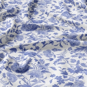 Prato, Lino fiore blu 100%, Eco-stampa, Tessuto di lino stampato, Lino ammorbidito per cucito, Larghezza 150 cm /60"