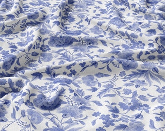 Meadow, Blue Flower Linen 100%, Eco-print, Printed Linen fabric, Softened linen for sewing, Width 150cm /60"