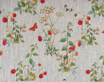 Linen fabric Forest Fruits, Wild Strawberries Linen fabric Forest, Beige in melange, Softened linen for sewing, Width 150cm /60"