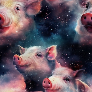 May include: A seamless pattern featuring multiple pink pig faces against a colorful galaxy background. The pigs have pink snouts and are smiling. The background is a dark blue with pink, purple, and white clouds and stars.