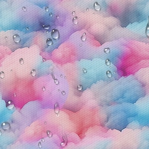 Puede incluir: Fondo abstracto de acuarela con nubes pastel rosa, azul y morado. Gotas de agua están dispersas por toda la imagen, creando un efecto de ensueño y etéreo.