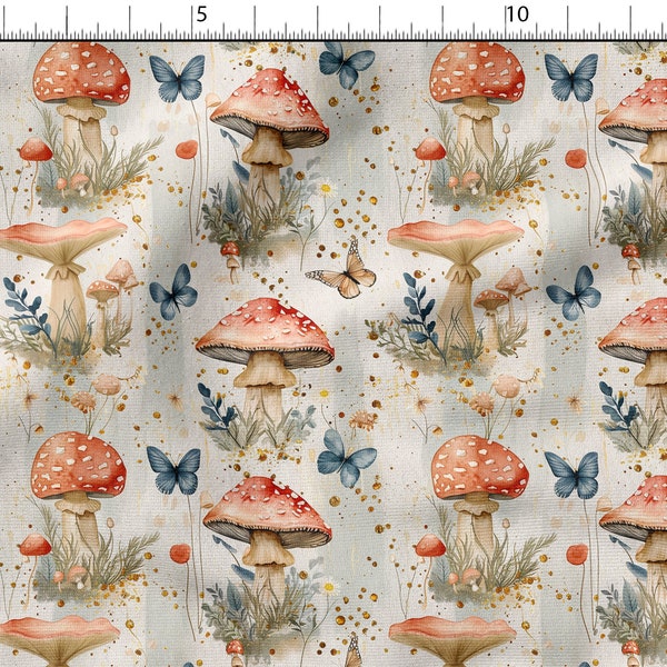 Mushrooms, forest cotton 100%, Eco-print, Printed forest  Cotton Fabric, Width 155cm /61"