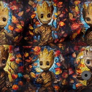 May include: A mosaic-style image of a cartoon character, Groot, from the Guardians of the Galaxy movie franchise. Groot is depicted in a forest setting with autumn leaves in shades of red, orange, and yellow. The background is a blue and green mosaic.