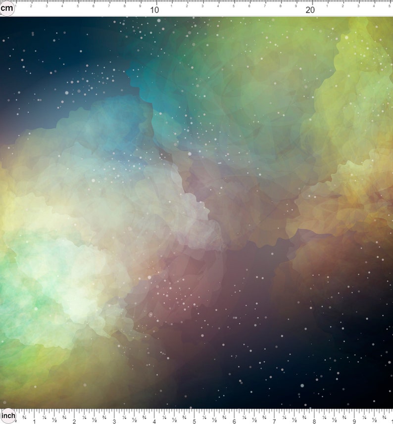 Puede incluir: Pintura abstracta de acuarela de una galaxia con tonos de azul, verde, amarillo y marr&oacute;n. El fondo es azul oscuro con estrellas blancas.