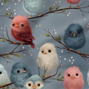 Cute birds cotton 100%, Eco-print, Printed Cotton birds fabric, Width 150cm /60&quot;