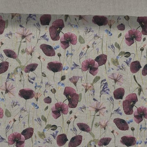 Tessuto di lino Fiori di prato Papaveri Lino Fiori estivi Lino Beige in melange Lino ammorbidito per cucire, Larghezza 150 cm /60"