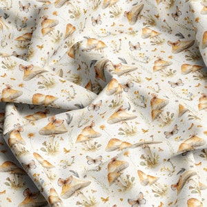 Patterns VISCOSE Fabric 100%, Eco-print, Printed Viscose Fabric, Muschrooms Pattern, Light and , Width 145cm /57&quot;