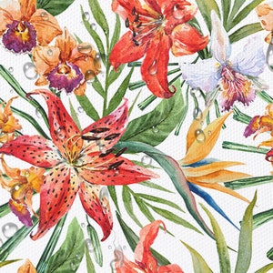Op de afbeelding: Waterverf schilderij van tropische bloemen en bladeren, waaronder lelies, orchideeën en palmbladeren. De bloemen zijn in tinten rood, oranje, geel en wit, en de bladeren zijn groen. Er zijn waterdruppels op de bloemen en bladeren.