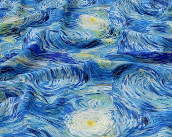 May include: A blue and white fabric with a swirling pattern reminiscent of a starry night sky. The fabric has a textured surface and a soft, flowing drape.